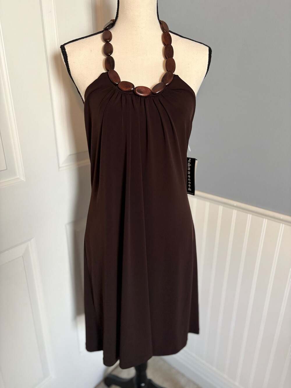 Connected Apparel Brown Wood Beaded Halter Neck Dress